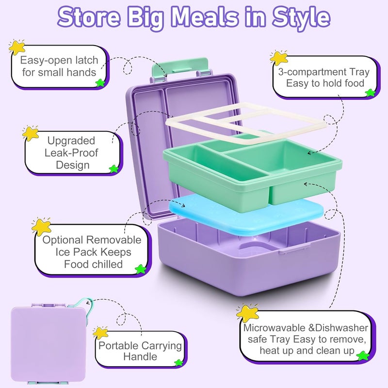 Howeemo Bento Lunch Box for Kids with 17oz Soup Thermo,Insulated Tumbler Water Bottle and Insulated Lunch Bag,Leak-Proof 3 Compartment Lunch Food Container with Ice Pack for Kids to School-Purple - Image 4